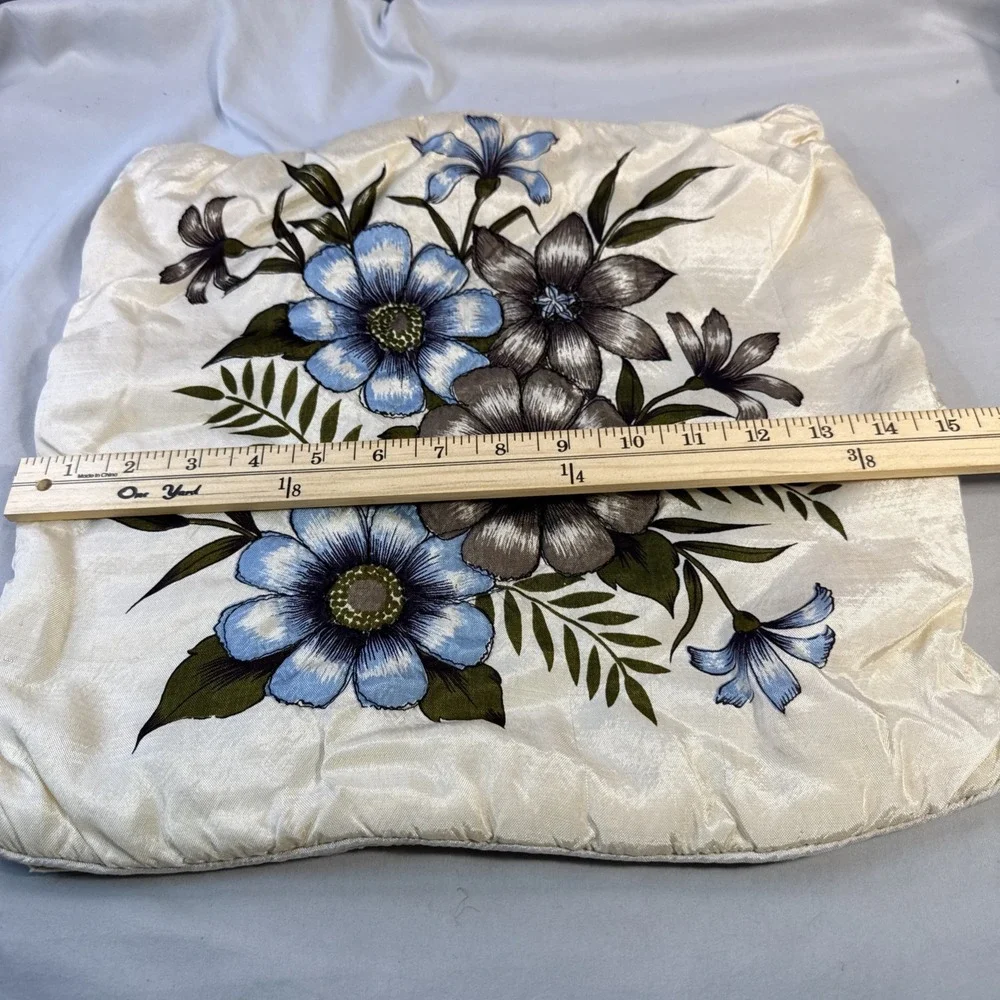 Vintage Plush Floral Pillow Cover Cream Blue Grey Daisy Mid Century Retro